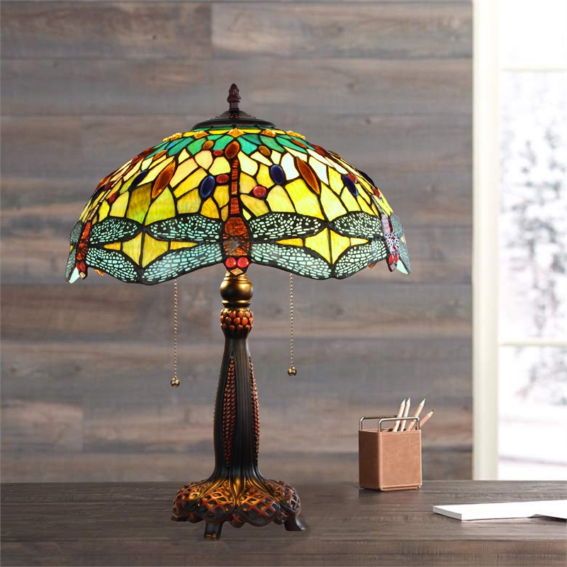 Pemberly Row Dragonfly 2-Light Glass Table Lamp in Multi-Color