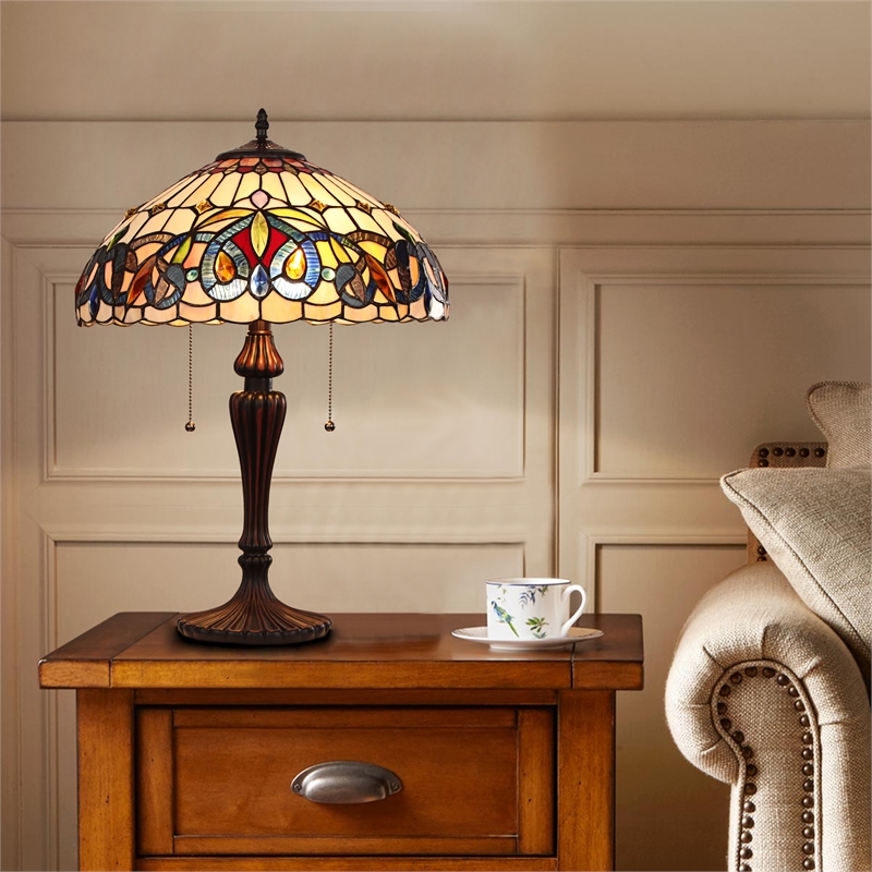 Pemberly Row Victorian 2-Light Glass/Metal Table Lamp in Dark Bronze