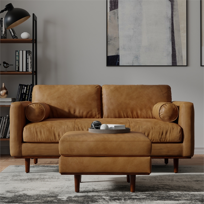 Pemberly Row Mid-Century Modern 72 inch Wide Sofa in Sienna Genuine Leather