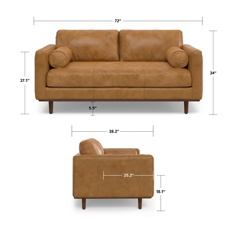 Pemberly Row Mid-Century Modern 72 inch Wide Sofa in Sienna Genuine Leather