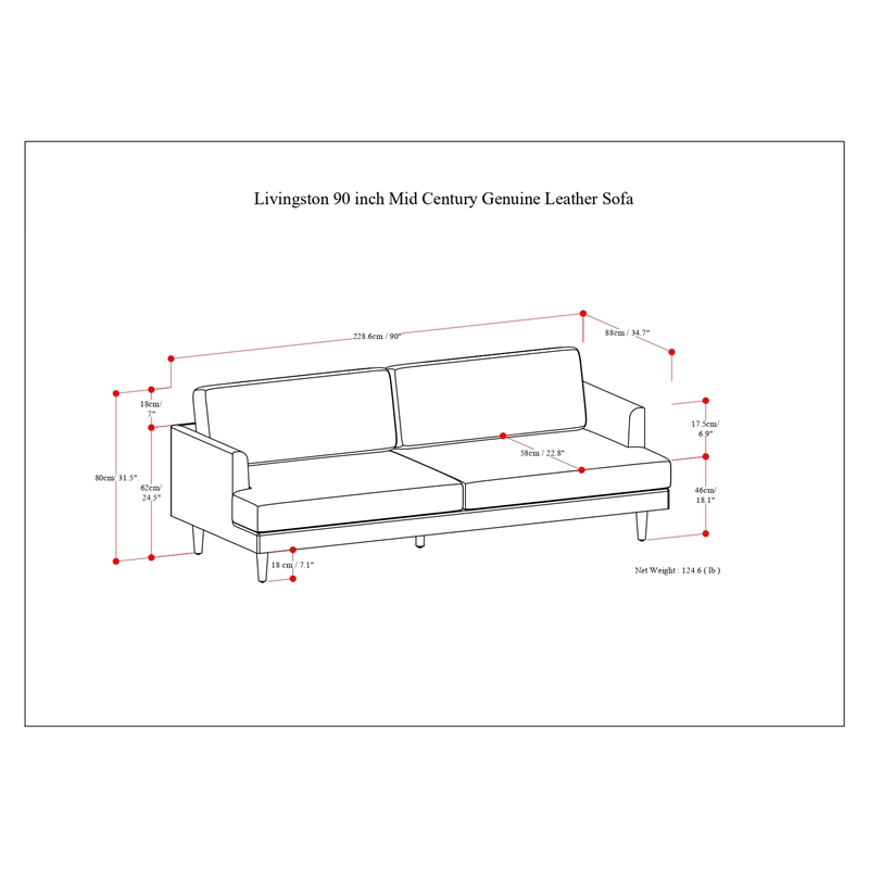 Pemberly Row Mid-Century 90inch Wide Sofa in Caramel Brown Genuine Leather