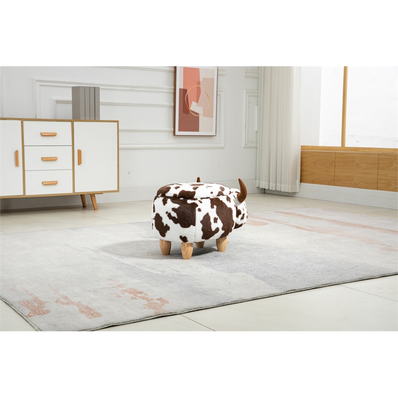 Pemberly Row Adorable Cow Traditional Fur Fabric & Wood Ottoman in Brown/White