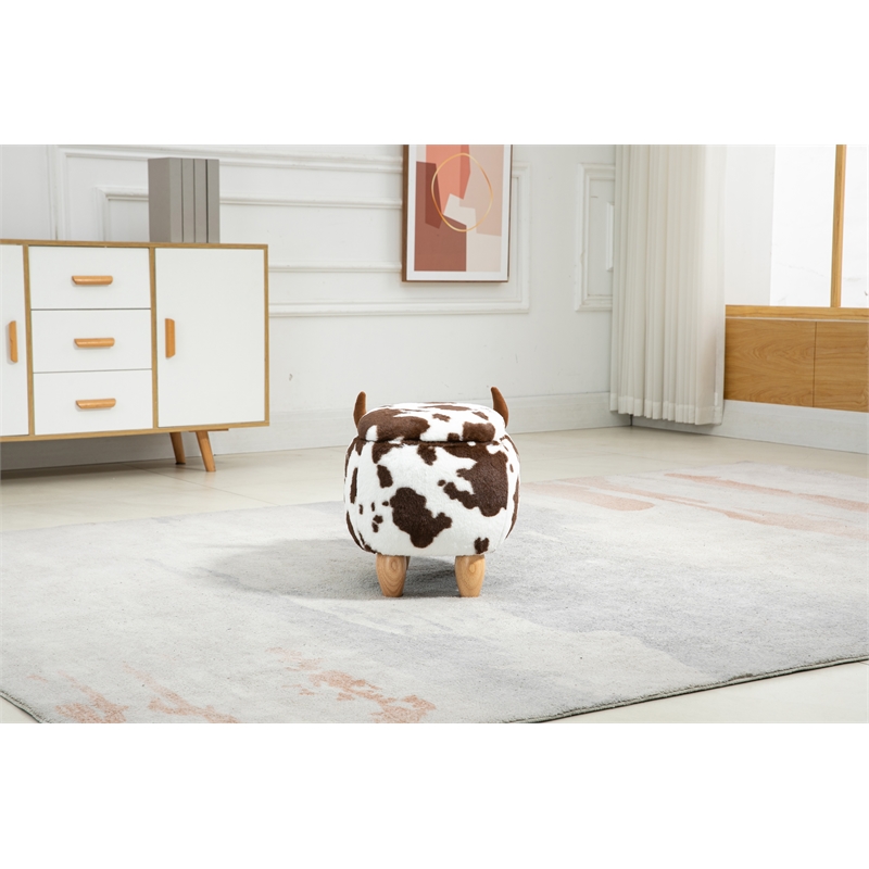Pemberly Row Adorable Cow Traditional Fur Fabric & Wood Ottoman in Brown/White