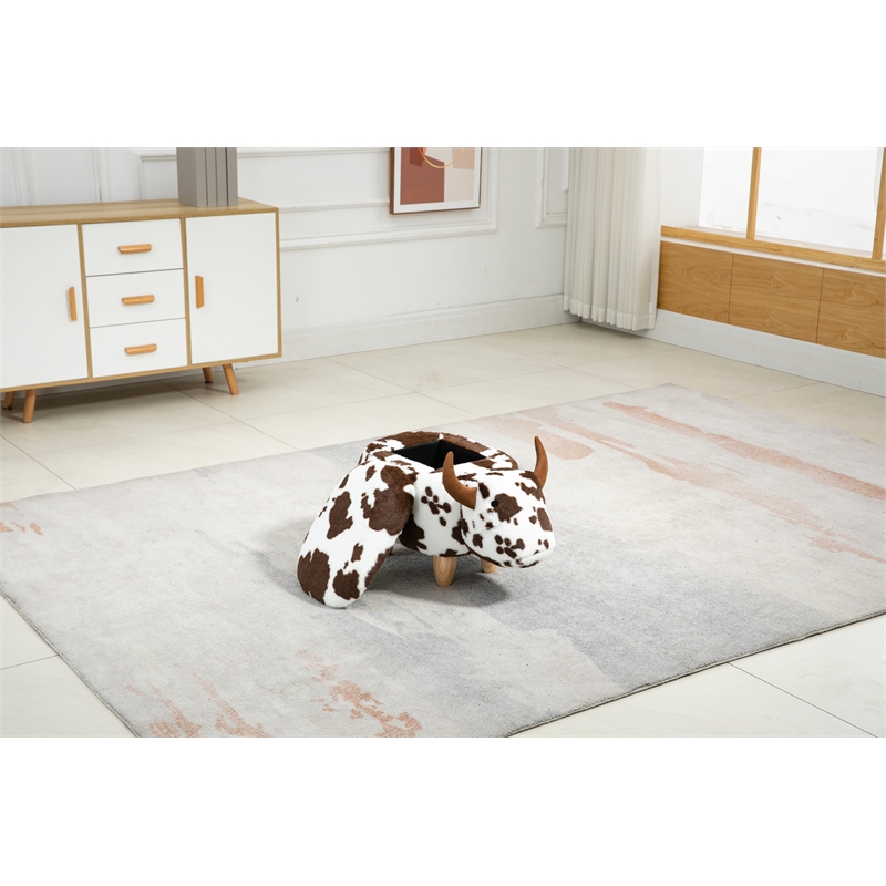 Pemberly Row Adorable Cow Traditional Fur Fabric & Wood Ottoman in Brown/White