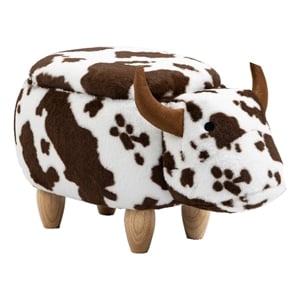 Pemberly Row Adorable Cow Traditional Fur Fabric & Wood Ottoman in Brown/White