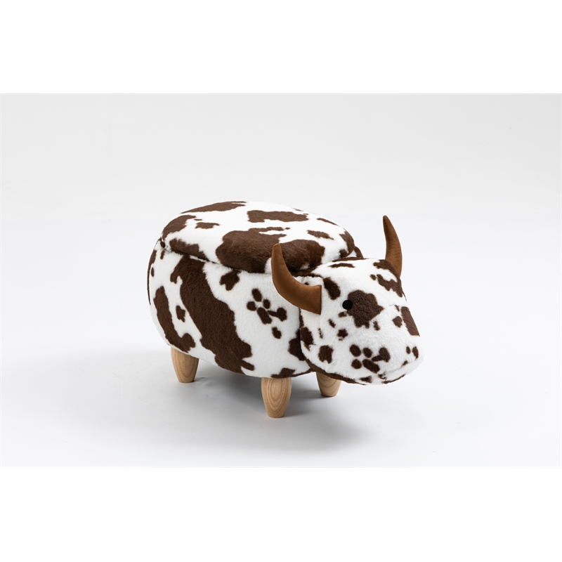 Pemberly Row Adorable Cow Traditional Fur Fabric & Wood Ottoman in Brown/White