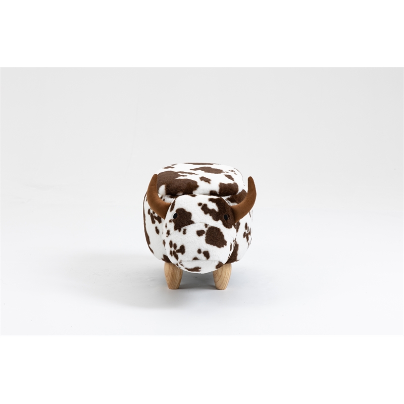 Pemberly Row Adorable Cow Traditional Fur Fabric & Wood Ottoman in Brown/White