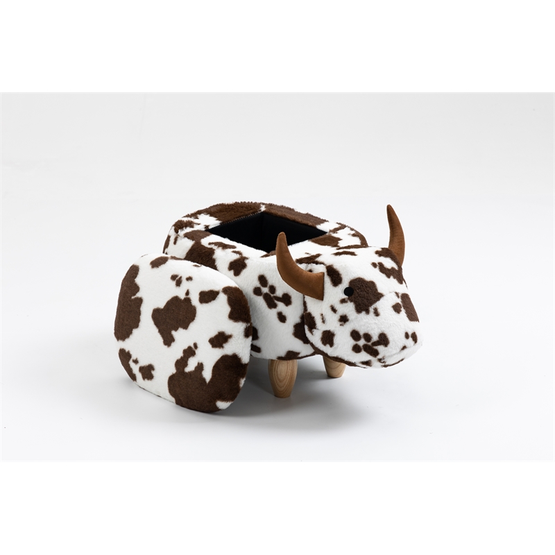 Pemberly Row Adorable Cow Traditional Fur Fabric & Wood Ottoman in Brown/White