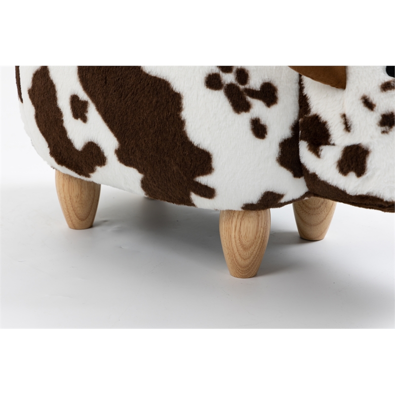 Pemberly Row Adorable Cow Traditional Fur Fabric & Wood Ottoman in Brown/White