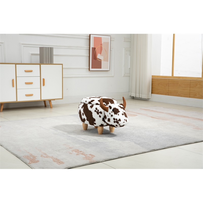Pemberly Row Adorable Cow Traditional Fur Fabric & Wood Ottoman in Brown/White