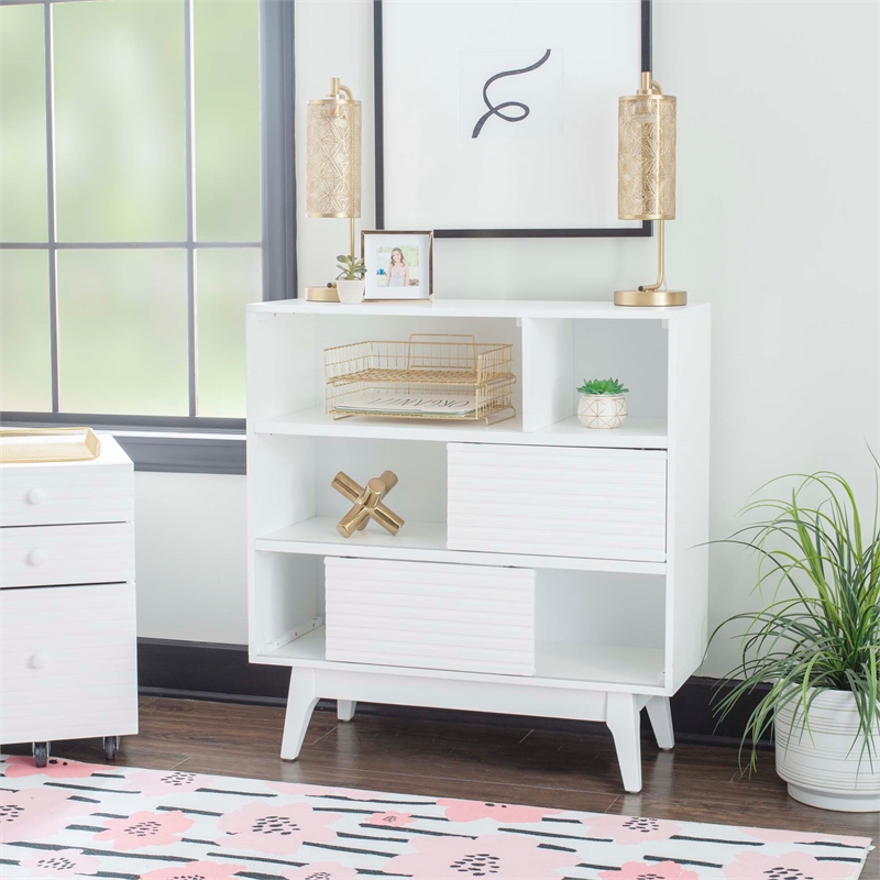 Pemberly Row Bookcase 3 Open Shelves 2 Sliding Door Panels in White