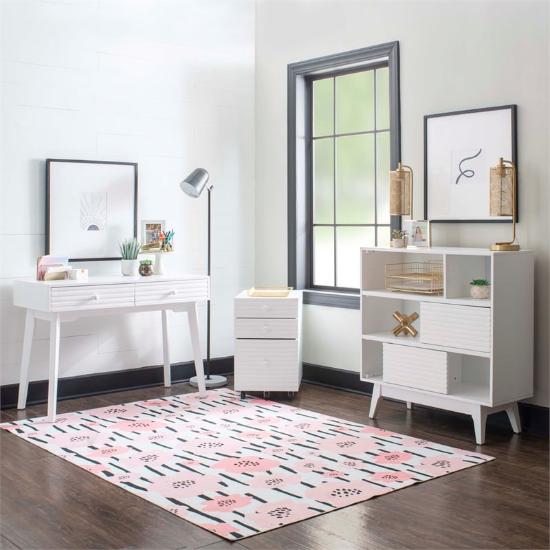 Pemberly Row Bookcase 3 Open Shelves 2 Sliding Door Panels in White