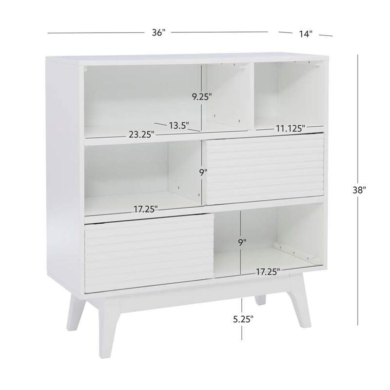 Pemberly Row Bookcase 3 Open Shelves 2 Sliding Door Panels in White