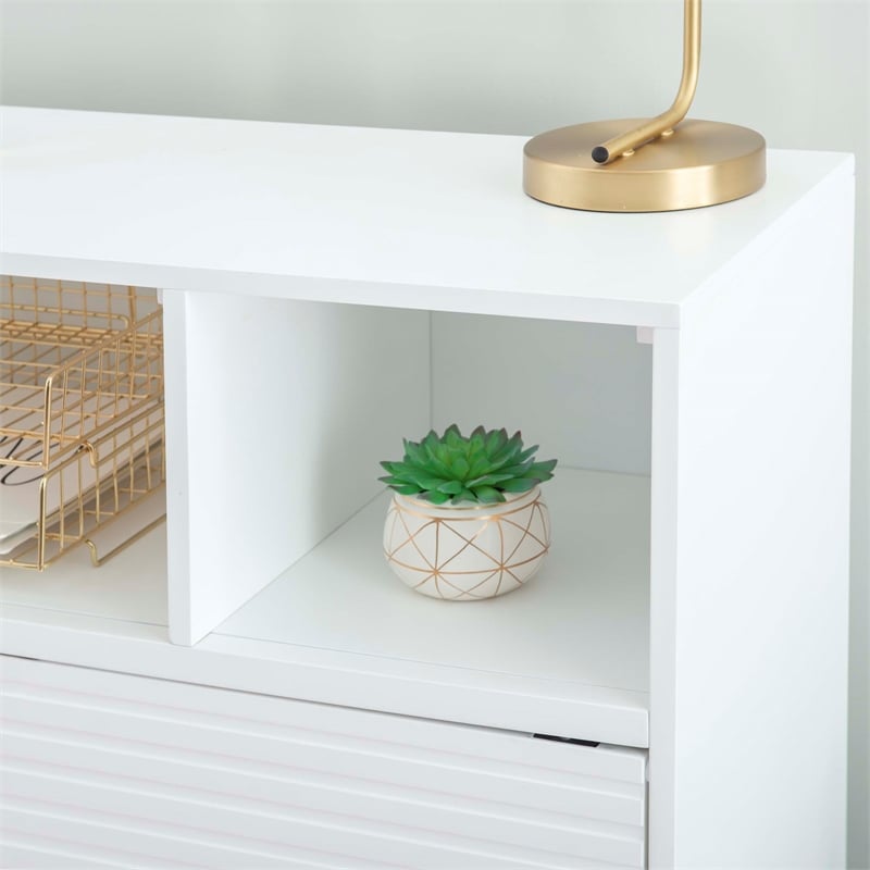 Pemberly Row Bookcase 3 Open Shelves 2 Sliding Door Panels in White