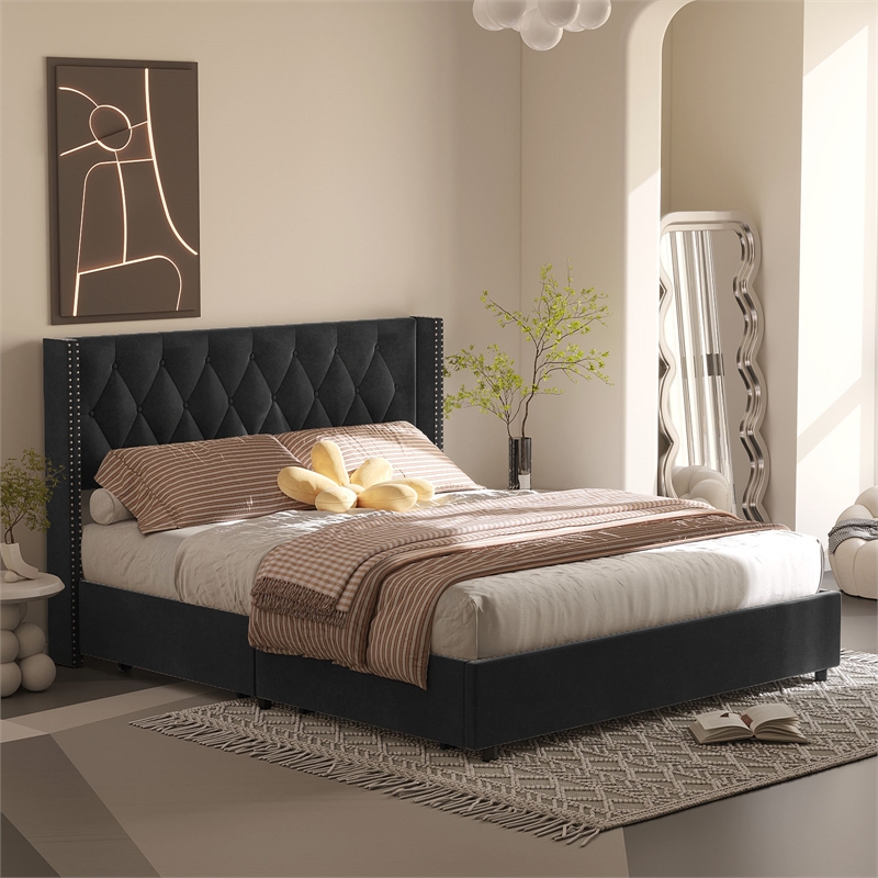 Pemberly Row 4-Drawer Velvet Queen Size Platform Bed in Black