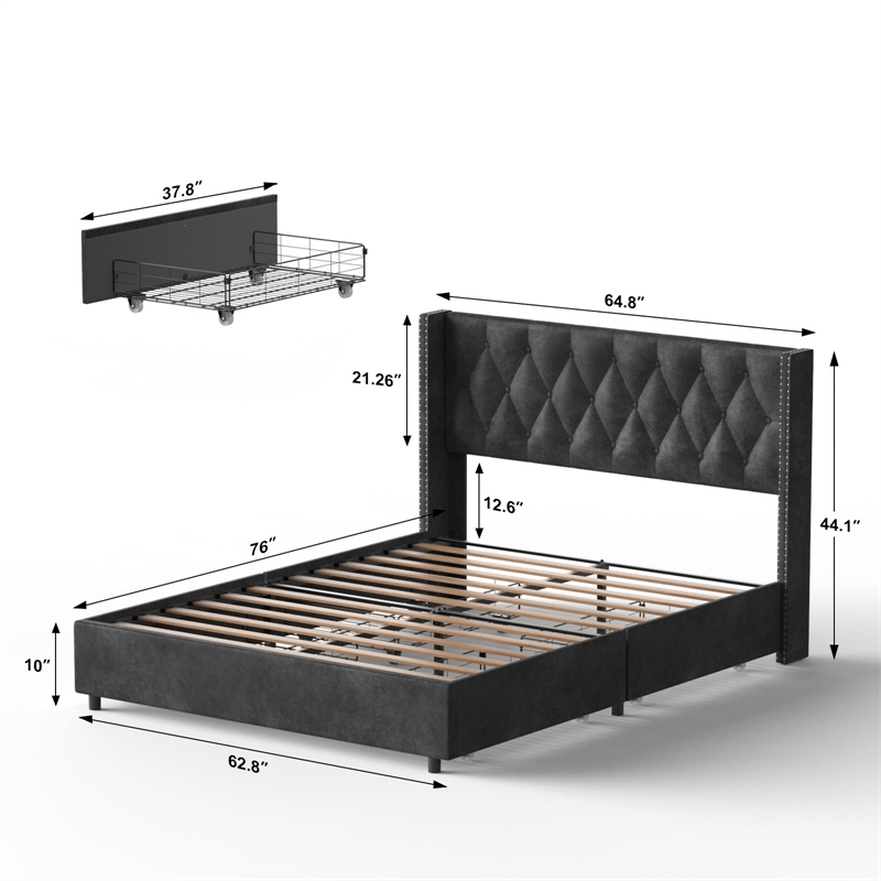 Pemberly Row 4-Drawer Velvet Queen Size Platform Bed in Black