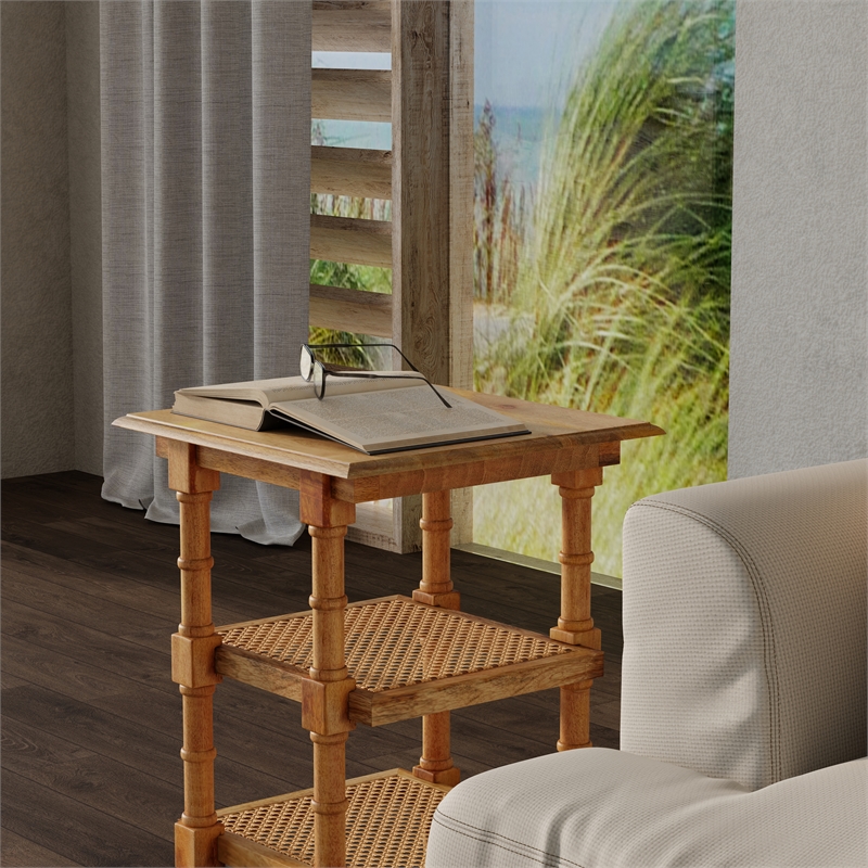 Pemberly Row Modern Chesterfield Wood & Cane Accent Table in Brown