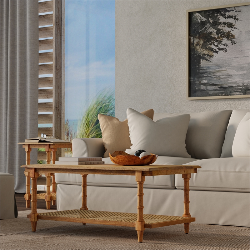 Pemberly Row Modern Chesterfield Wood & Cane Coffee Table in Brown