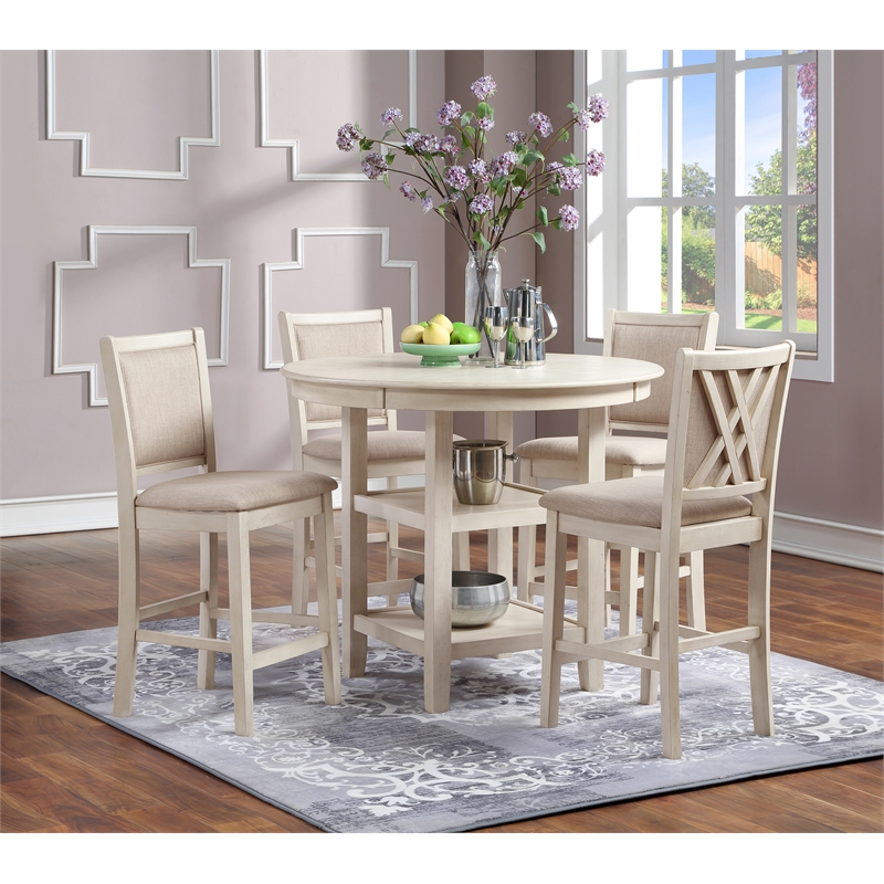 Pemberly Row 5PC Round Wood Counter Set with 4 Chairs in Bisque Beige