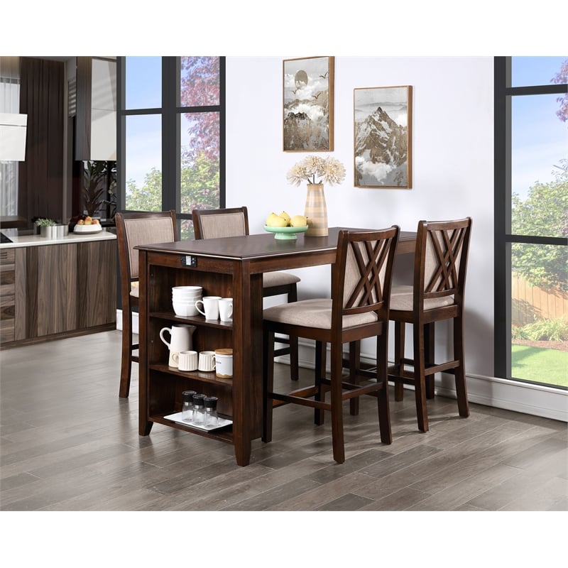 Pemberly Row 5-Piece Rectangle Wood & Fabric Counter Set in Cherry
