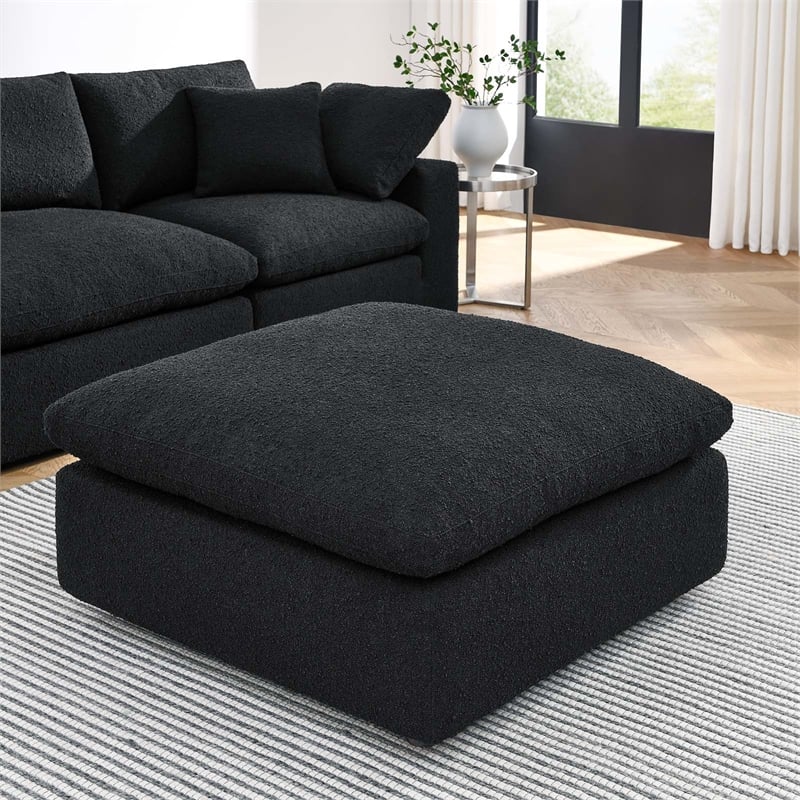 Pemberly Row Upholstered Boucle Fabric & Solid Wood Ottoman in Black