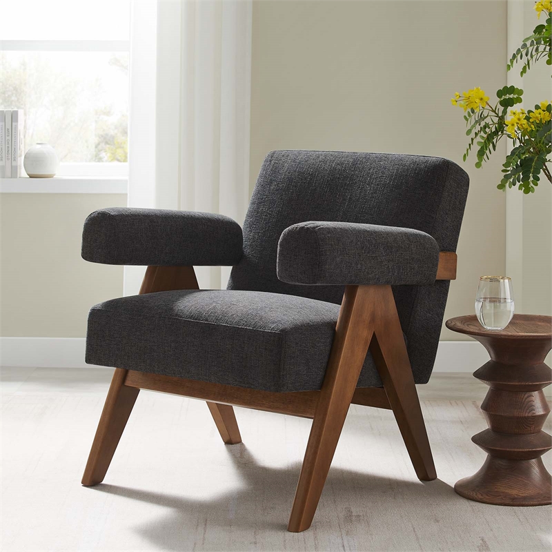 Pemberly Row Upholstered Modern Heathered Fabric Armchair in Dark Gray