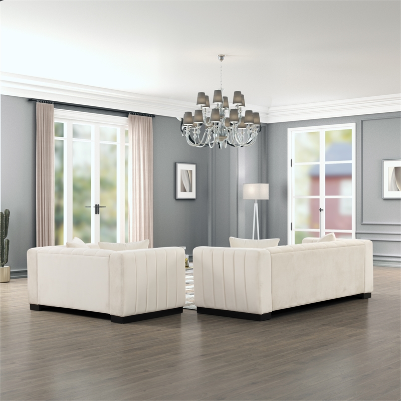 Pemberly Row 3-PC Living Room Furniture Velvet Sofa+Loveseat+Armchair Set-Beige