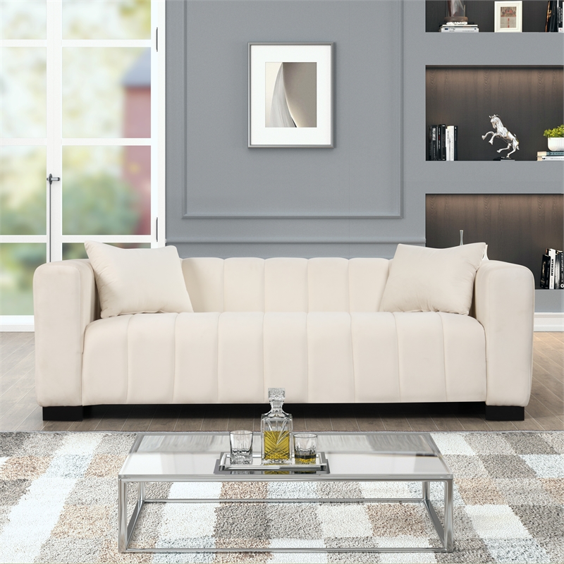 Pemberly Row 3-PC Living Room Furniture Velvet Sofa+Loveseat+Armchair Set-Beige