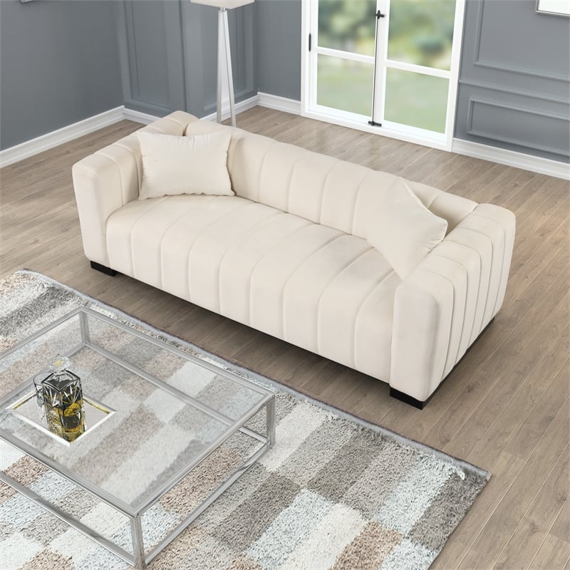 Pemberly Row 3-PC Living Room Furniture Velvet Sofa+Loveseat+Armchair Set-Beige
