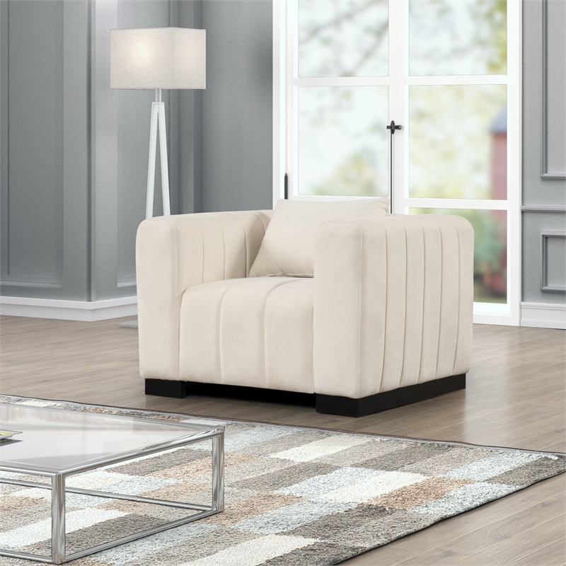 Pemberly Row 3-PC Living Room Furniture Velvet Sofa+Loveseat+Armchair Set-Beige