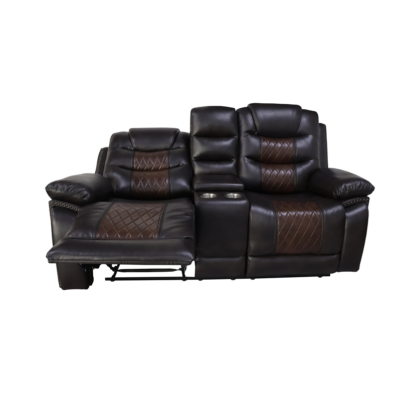 Pemberly Row Leather Console Loveseat with Power Footrest in Brown
