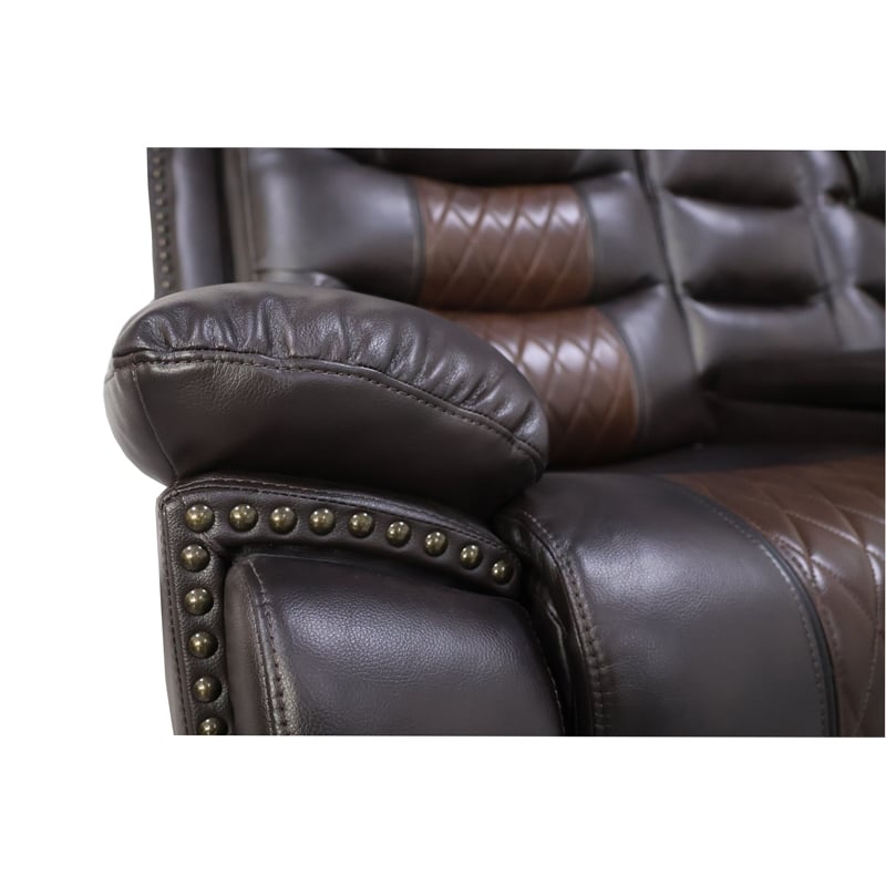 Pemberly Row Leather Console Loveseat with Power Footrest in Brown