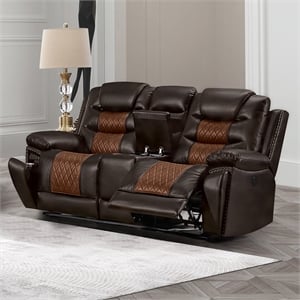 Pemberly Row Leather Console Loveseat with Power Footrest in Brown