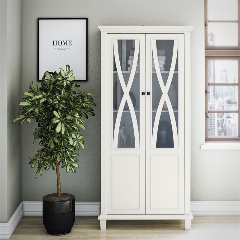 Pemberly Row Modern Tall Accent Cabinet with Glass Doors in White
