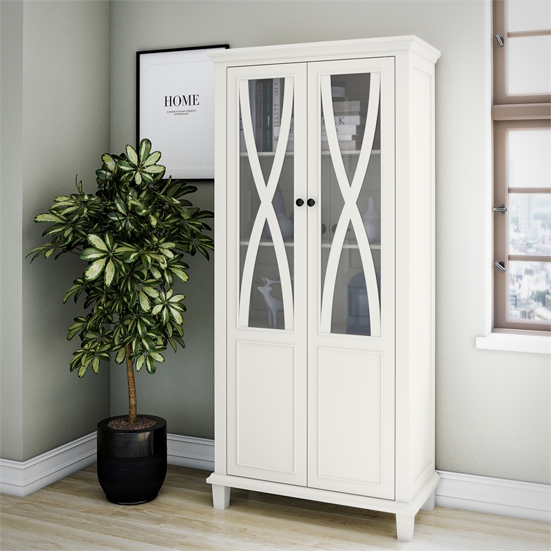 Pemberly Row Modern Tall Accent Cabinet with Glass Doors in White