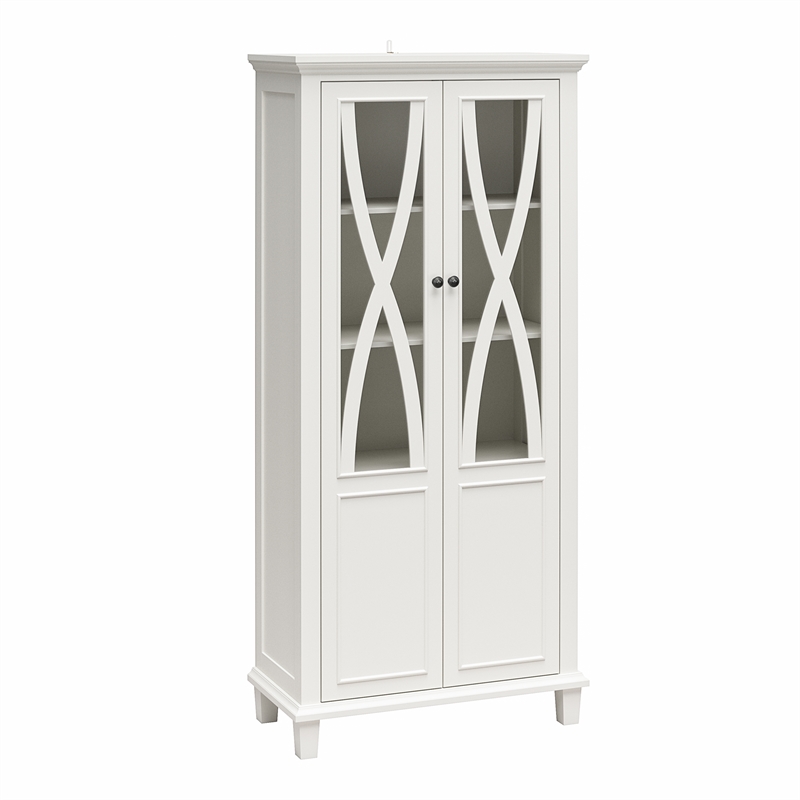 Pemberly Row Modern Tall Accent Cabinet with Glass Doors in White