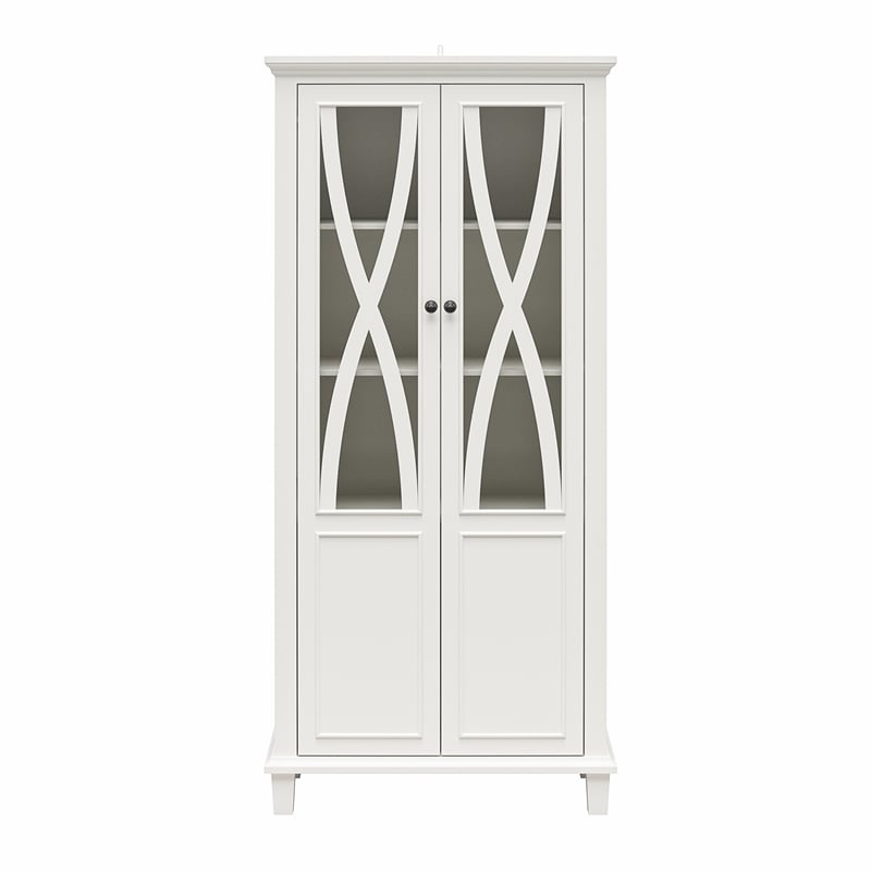 Pemberly Row Modern Tall Accent Cabinet with Glass Doors in White