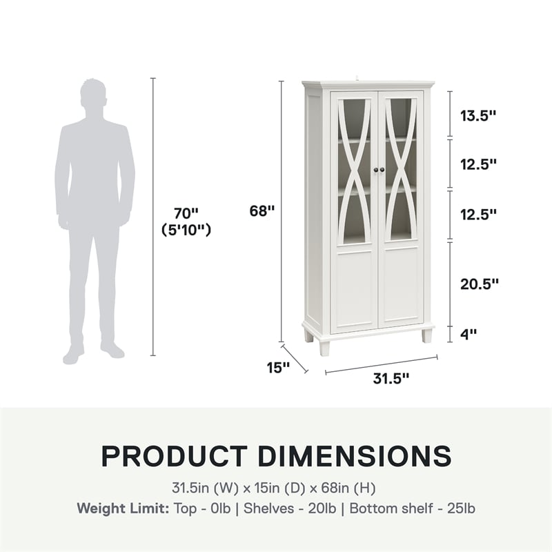 Pemberly Row Modern Tall Accent Cabinet with Glass Doors in White