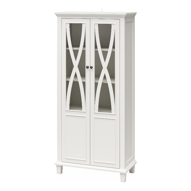 Pemberly Row Modern Tall Accent Cabinet with Glass Doors in White