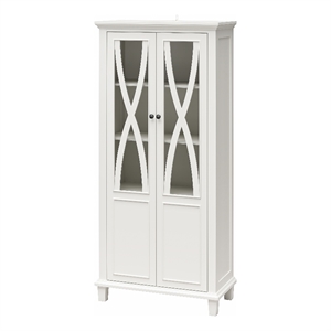 Pemberly Row Modern Tall Accent Cabinet with Glass Doors in White