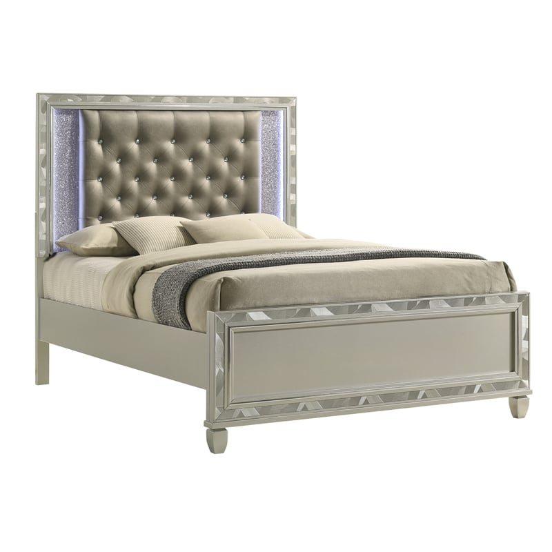 Pemberly Row Contemporary Solid Wood Queen Bed in Platinum Silver