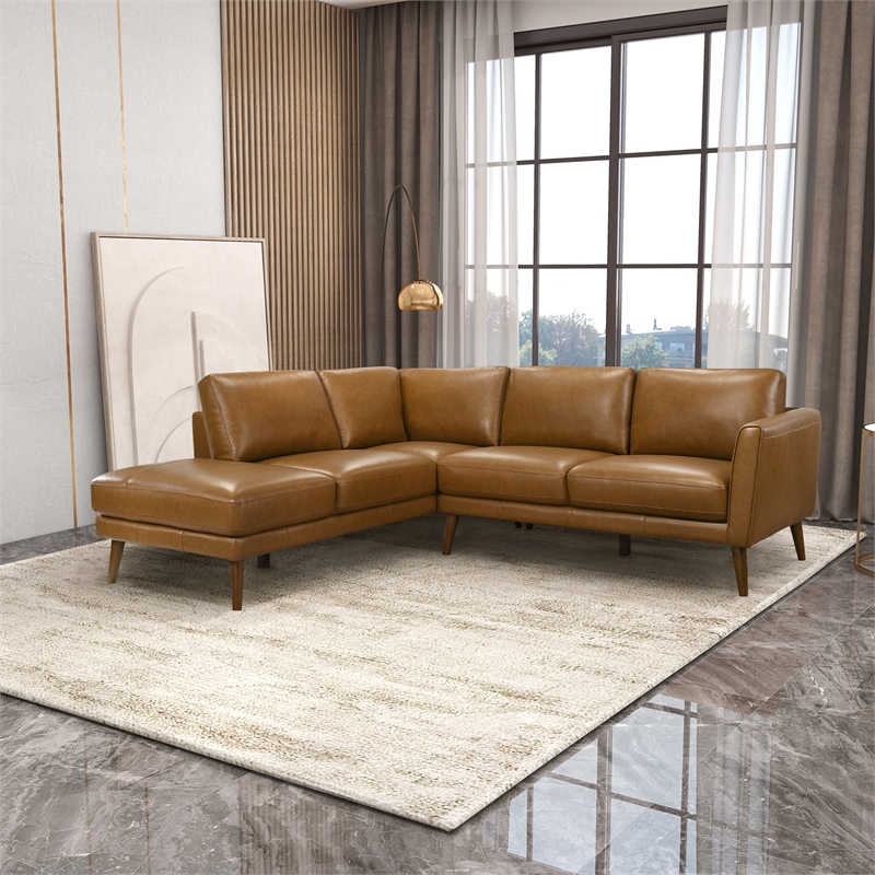 Pemberly Row Genuine Leather L-Shaped Pillow Back Left-Facing Sectional - Tan