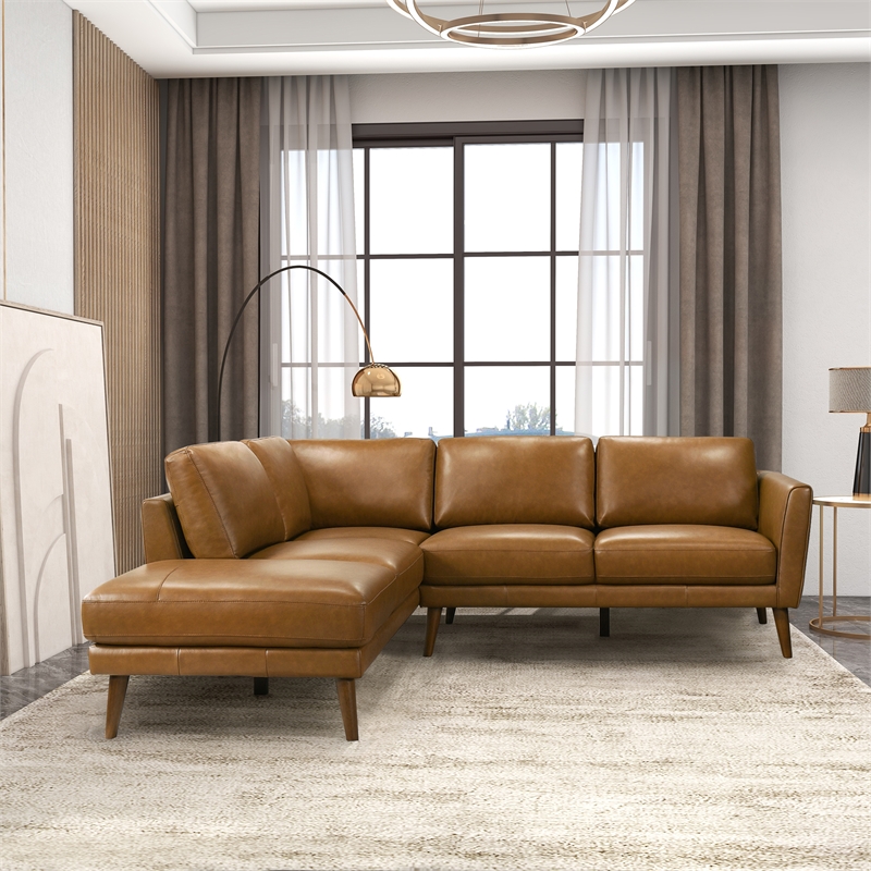 Pemberly Row Genuine Leather L-Shaped Pillow Back Left-Facing Sectional - Tan