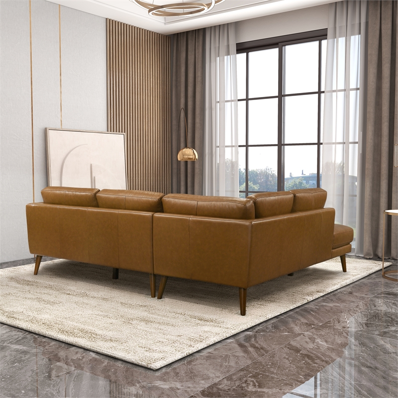 Pemberly Row Genuine Leather L-Shaped Pillow Back Left-Facing Sectional - Tan