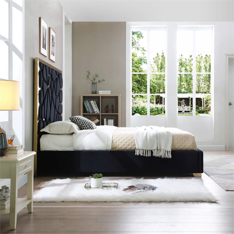 Pemberly Row Queen Velvet Bed with Gold Metal Frame in Black Color