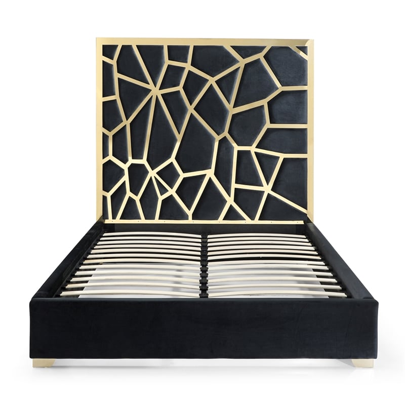 Pemberly Row Queen Velvet Bed with Gold Metal Frame in Black Color