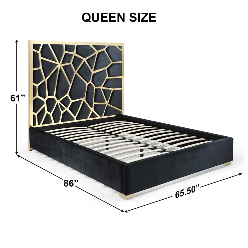 Pemberly Row Queen Velvet Bed with Gold Metal Frame in Black Color