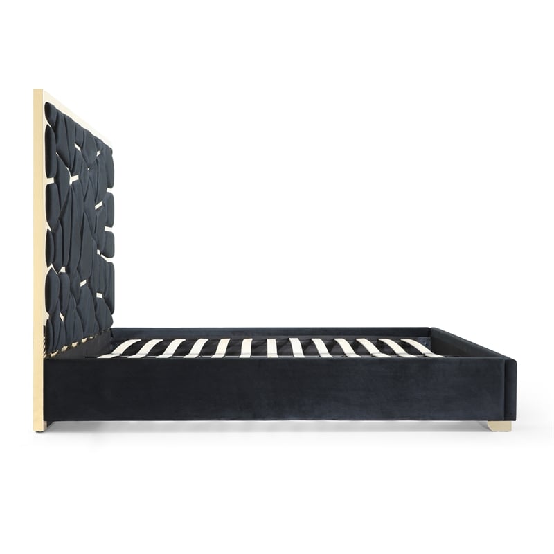Pemberly Row Queen Velvet Bed with Gold Metal Frame in Black Color