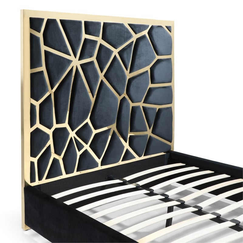 Pemberly Row Queen Velvet Bed with Gold Metal Frame in Black Color