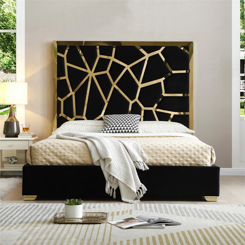 Pemberly Row Queen Velvet Bed with Gold Metal Frame in Black Color